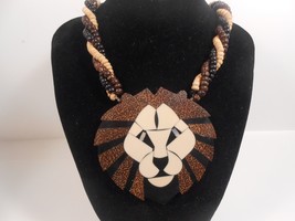 Vintage Lion Face 3 1/2&quot; Pendant Resin Necklace wood beads - £14.77 GBP