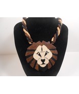 Vintage Lion Face 3 1/2&quot; Pendant Resin Necklace wood beads - £14.53 GBP