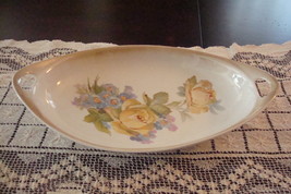 Antique Lusterware German two handles oval tray,  transfer yellow roses[#129] - $64.35