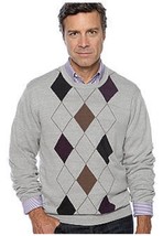 NWT Saddlebred L Cotton Blend Knit Crew Neck Sweater Gray Multi Argyle Print  - £9.37 GBP