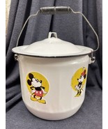 Vintage Black/White Enamelware Pot W/ Bail & Lid Mickey And Minnie Mouse Sticker - $21.78