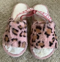 Womens Fluffy Furry Pink Black Slip On Shoes Slippers Sandal Plush W/Straps 7/8  - £14.81 GBP
