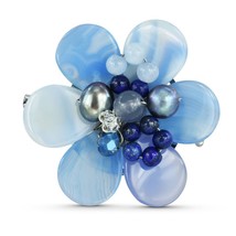Colorful Daisy Flower in Blue Tones Agate, Crystals, and Pearls Brooch Pin - £13.94 GBP