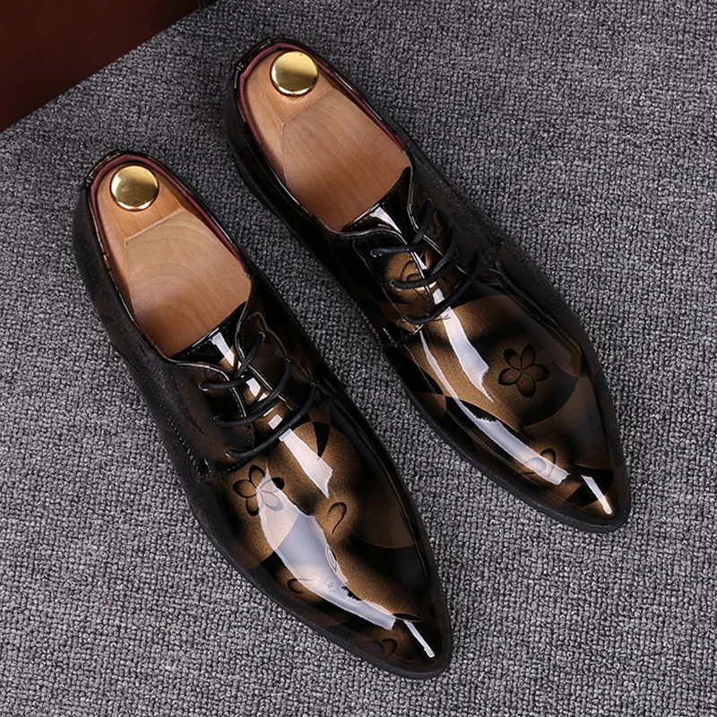 plus size mens casual patent leather shoes flower printing oxs shoe pointed toe  - £210.78 GBP