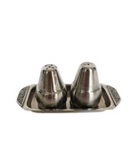 Vintage Stainless Steel MCM Teardrop Shaped Salt &amp; Pepper Shaker &amp; Tray Set - £15.68 GBP