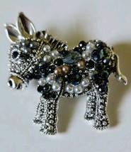 Women&#39;s Silver Color Alloy Metal Donkey W/Black Rhinestones White Pearls Brooch  - £3.53 GBP