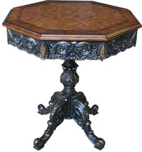 Lamp Table French Octagonal Burl Inlaid Walnut Pierced Carved Black Gold Accents - £1,414.72 GBP