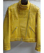 Yellow Studded Jacket Customized Handmade Biker Leather Jacket, Silver S... - £204.05 GBP