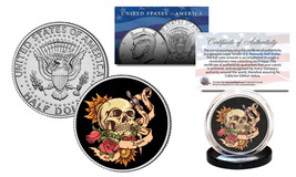 SKULL Tattoo Roses Official Legal Tender JFK Kennedy Half Dollar U.S. Coin - £6.84 GBP