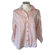 Chico&#39;s Patchwork Pattern Peach Roll Tab Button Down Shirt Size 12 Petite - £18.14 GBP