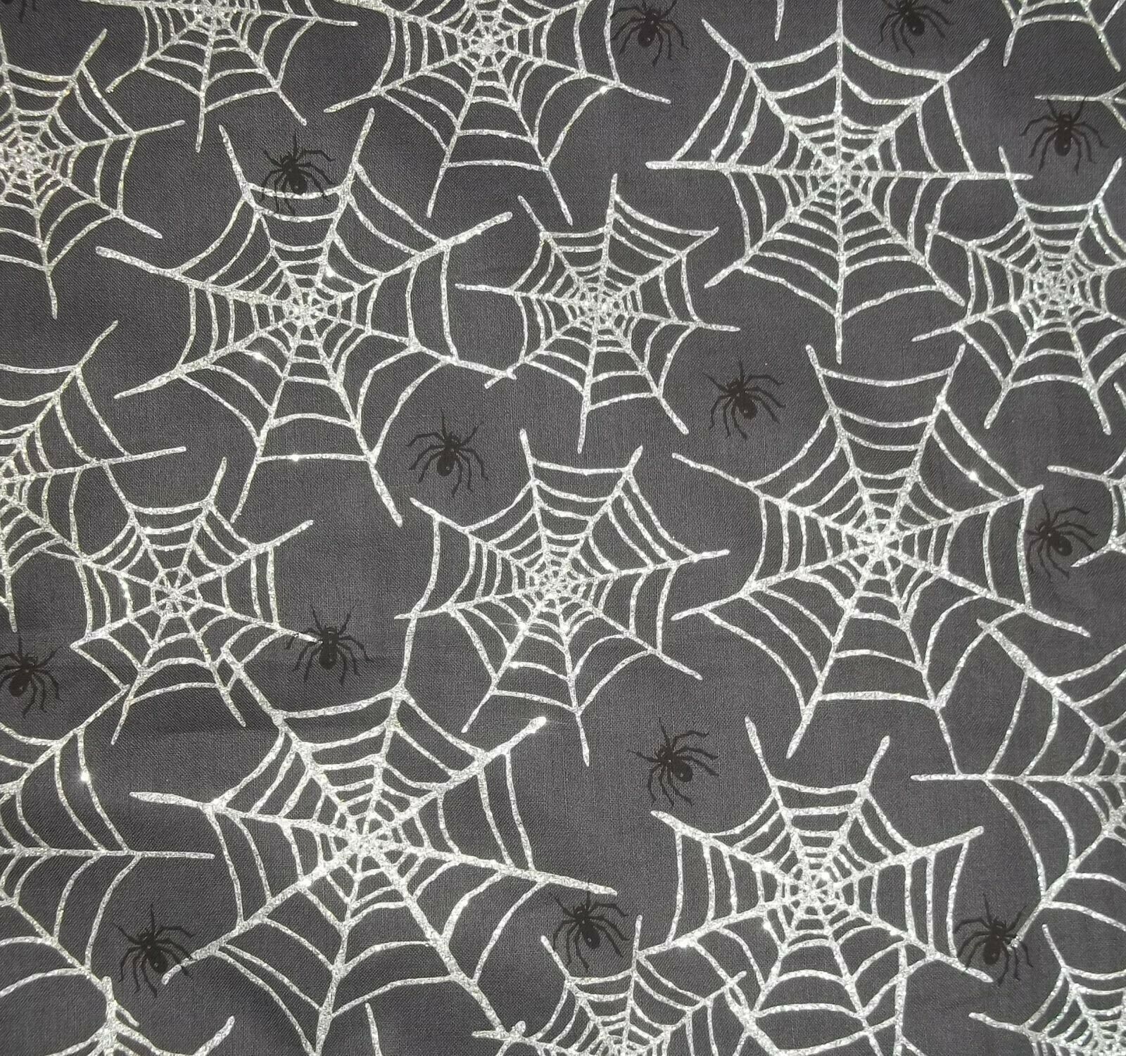 Sparkly Cob Webs 2 Yards MBT Fabric Black Spiders Dark Gray Background - $19.79