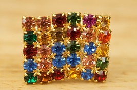 Vintage Costume Jewelry Rainbow Multi Rhinestone Flag Gold Tone Brooch Pin - £11.66 GBP