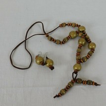 Wooden Bead Necklace Hook Earring Set Pierced Leather Cord Brown Gold Handmade - £7.77 GBP