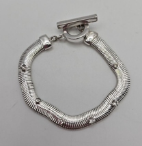 Anne Klein AK Signed Silver Tone Mesh Chain w/ Rhinestone Toggle Style Bracelet - £15.78 GBP