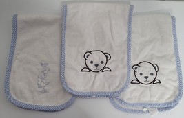 3 Handmade Baby Burp Cloths Blue Edged Bear Boy Over the Shoulder Embroi... - $14.99