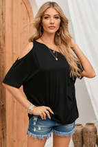 Black Solid Asymmetrical Neck Loose Casual T-Shirt - £12.04 GBP
