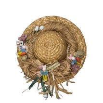 Vintage Easter Bunny Rabbit Handmade Straw Hat Wreath Decor Front Door Garden - £43.88 GBP