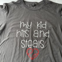 Baseball T Shirt Women Sz L Gray My Kid Hits &amp; Steals Hearts Mom Summer League - £9.59 GBP
