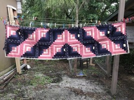 Vtg Craft Maker&#39;s Pinned Sewn Partial Floral Quilt 22&quot; x 82&quot; Navy Blue Pink - £53.15 GBP