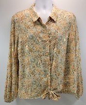L4) Lauren Conrad Gold Leaf Floral Tie Front Long Sleeve Button Up Blous... - $218.74 MXN