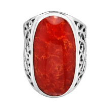 Bold Lrg Oval Red Synthetic Coral .925 Silver Intricate Heart Filigree R... - £24.28 GBP
