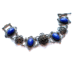 Antique 1930s 900 Silver Bracelet Palestine Middle Eastern Lapis Lazuli Filigree - £179.15 GBP