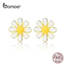 bamoer Yellow and White Daisy Stud Earrings for Women Solid Silver 925 Enamel Fl - £16.06 GBP