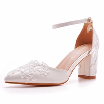 White Lace Wedding Shoes Thick Flower High Heels Women Bridal With Low Mouth Buc - £41.00 GBP
