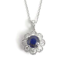 Authenticity Guarantee 
Blue Sapphire Diamond Flower Pendant Necklace 18K Whi... - £3,243.79 GBP