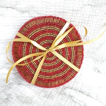 Beaded Coasters, Red & Gold, set of 4, fabric bead mats, holiday coasters image 2