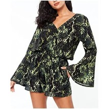 $78 bar III Snake Print Stretch Bell Sleeve Romper Pockets Cover Up Green Medium - £30.34 GBP