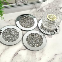 Glass Mirrored Coaster 4 Pc, Crushed Diamond Round 4&quot; Cup Mat Decor On T... - $20.99