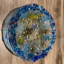 11” MCM Fused Art Glass Bowl Candy Dish Decorative Floral Flaky Wavy Edge - $460.40 MXN