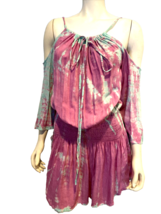 Boho Me Pink and Green Tie Dye 3/4 Sleeve Cold Shoulder Dress Size M - $14.24