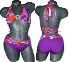NWT TRINA TURK 0 2 XS halter bikini swimsuit ruched orange pink purple 2pc - £44.18 GBP