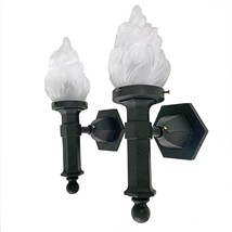 Pair Antique Sconce Cast Iron Lights Arts and Crafts 1900s Flame Shades Restored - £437.47 GBP