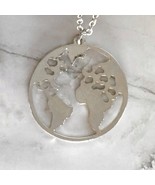 New Boutique World Map Disk Necklace Silver Tone Travel Cutout Circle Un... - $12.29 CAD