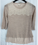 Adiva  Women&#39;s Size XS Pink Lace Layer 3/4 Sleeve Round Pullover Top Blouse - $11.39