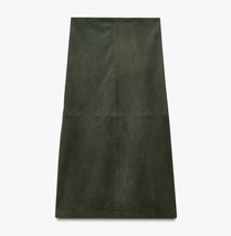 ZARA BNWT 2025. DARK GREEN MINIMAL SUEDE LEATHER  MIDI SKIRT. 6098/911/529 - $336.16