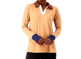 Cuddl Duds Comfortwear V-Neck Polo Top Polo Top- Brown Sugar Heather, XS - £20.40 GBP