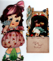 Vintage Valentine&#39;s Cards Two Googlie Eyed Girl Mechanical &amp; Pop Out 6-1/2&quot; - $23.12