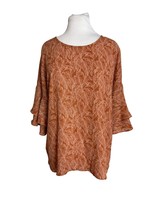 Liz Claiborne Womens Blouse Size Large Ruffle 3/4 Sleeve Leaf Pattern Brown Top - £11.68 GBP