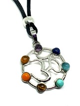 7  Chakra Necklace Gemstone OM Pendant 925 Silver Plated Beaded Cord - £6.02 GBP