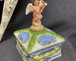 Ceramic Handcrafted Trinket Box w/Lid Hand Painted Cupid Gold Shells 5.5... - £7.00 GBP
