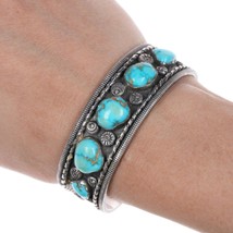6 3/8&quot; Vintage Native American silver and turquoise cuff bracelet w - £356.11 GBP