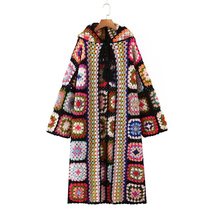 Bohemia Colored Plaid Flower Granny Square Hand Crochet Hooded Sweater L... - $79.00