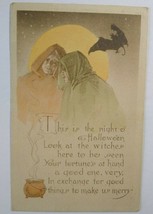 Halloween Postcard Kathryn Elliott Colorized Gibson Gothic Capes Moon Bat 1910 - £268.45 GBP