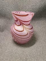Art Glass Teleflora Pink &amp; Gold Pulled Feather Vase ~5.5&quot; - £11.35 GBP
