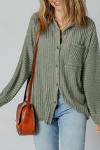 Mist Green Thermal Ribbed Texture Drop Shoulder Button Up Shacket - $22.20