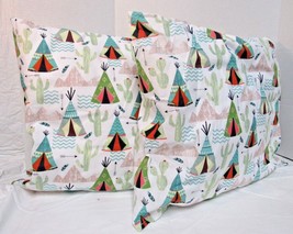 2 White Decorative Pillows Turquoise Green Brown Arrows Teepees Mountains Cactus - £23.48 GBP